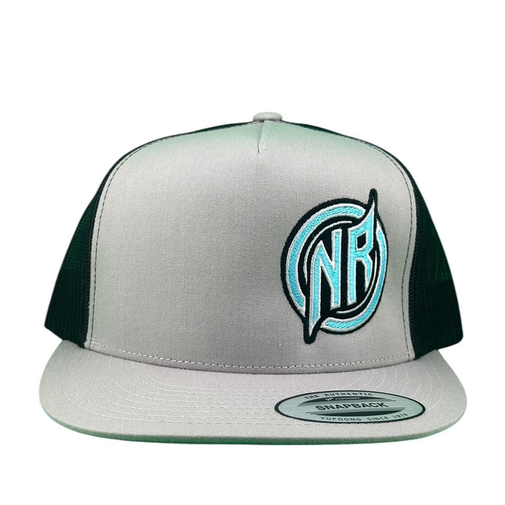 NICERIDE trucker hat with NR logo, gray front and green mesh back, stylish snapback cap for unisex wear.