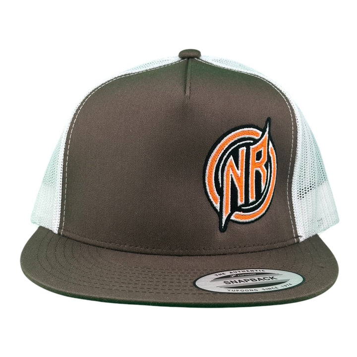 NICERIDE trucker hat in brown with orange NR logo, featuring a classic snapback design and breathable mesh panels.