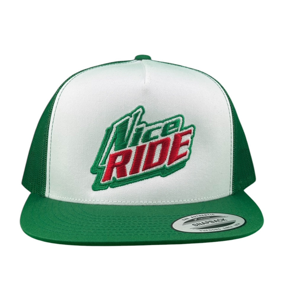 NICERIDE Caffeine green and white trucker hat with bold embroidery, classic snapback style.
