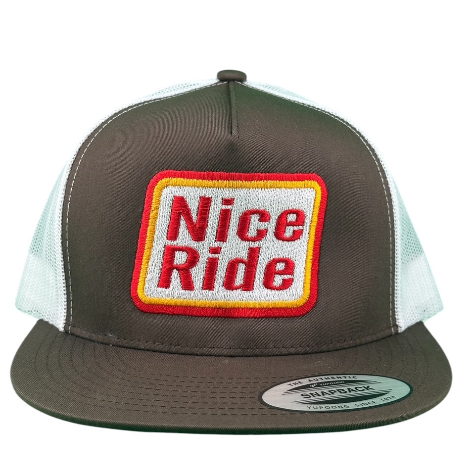 NICERIDE Mustard 6006 Classic Snapback Trucker Hat in brown with red and yellow embroidery.