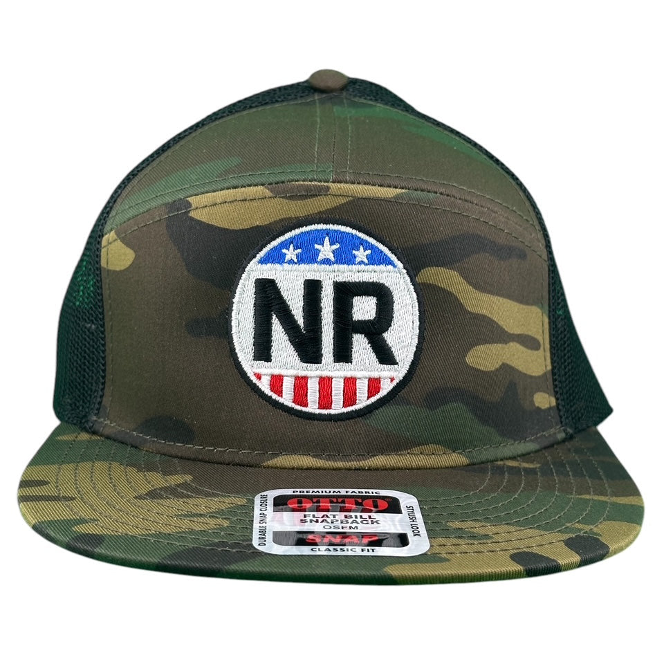 NICERIDE Camo/Black unisex 7 panel trucker hat with NR logo and mesh back.