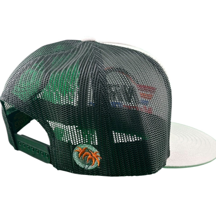Back view of NICERIDE REV unisex trucker hat showing mesh design and Palm Logo detail.