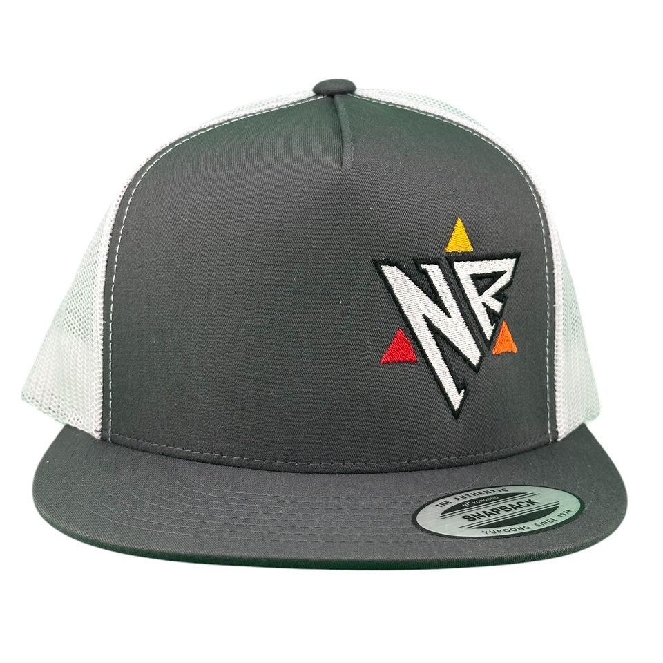 NICERIDE 'Wall' 6006 unisex trucker hat in charcoal gray with bold NR logo design and mesh sides.