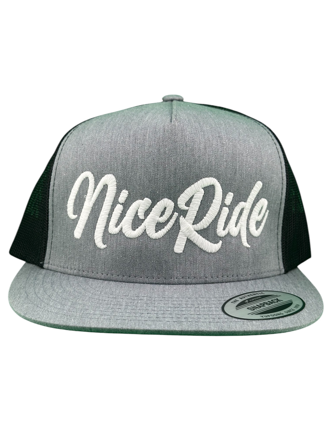 NICERIDE Signature Adjustable Unisex Meshback Trucker Hat in gray featuring white embroidered logo.