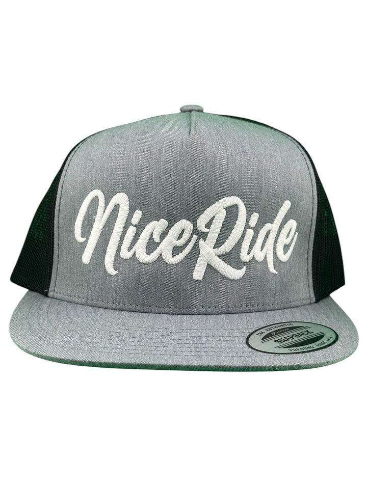 NICERIDE Signature Adjustable Unisex Meshback Trucker Hat in gray featuring white embroidered logo.