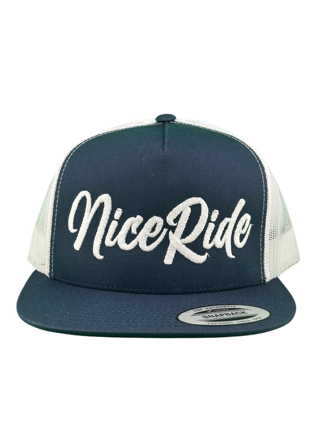 NICERIDE Signature Adjustable Unisex Meshback Trucker Hat in navy with embroidered logo on front.