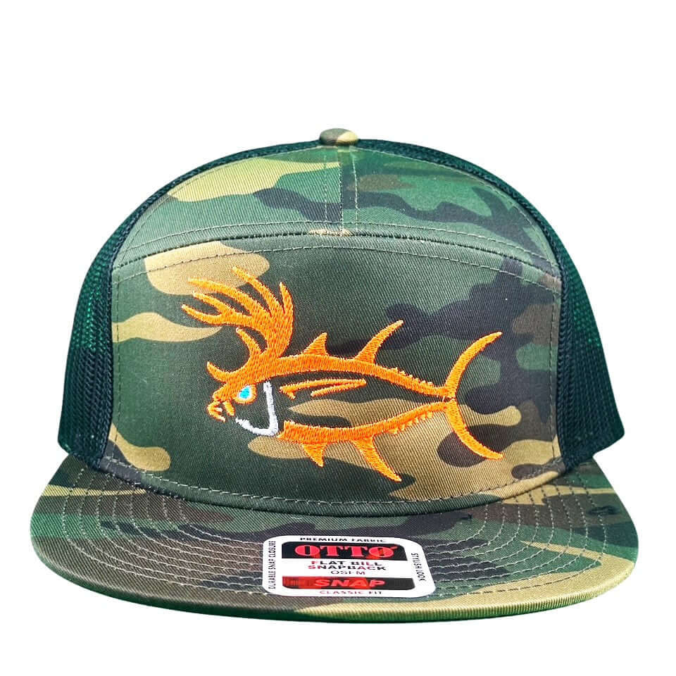 Buck-Eye 7 Panel Camo Otto Adjustable Hat with fish embroidery, perfect for outdoor sports and fishing.