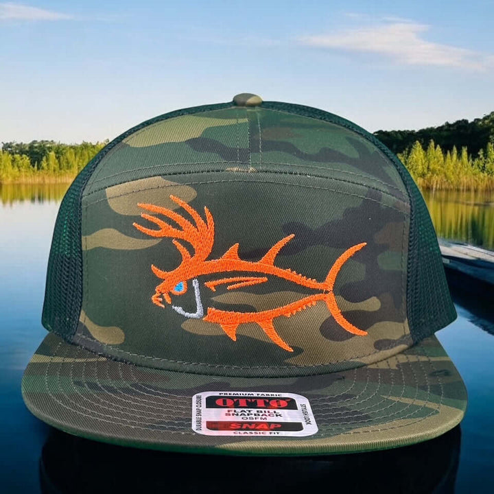 Buck-Eye camo adjustable trucker hat with fish embroidery, perfect for outdoor fishing and casual wear.