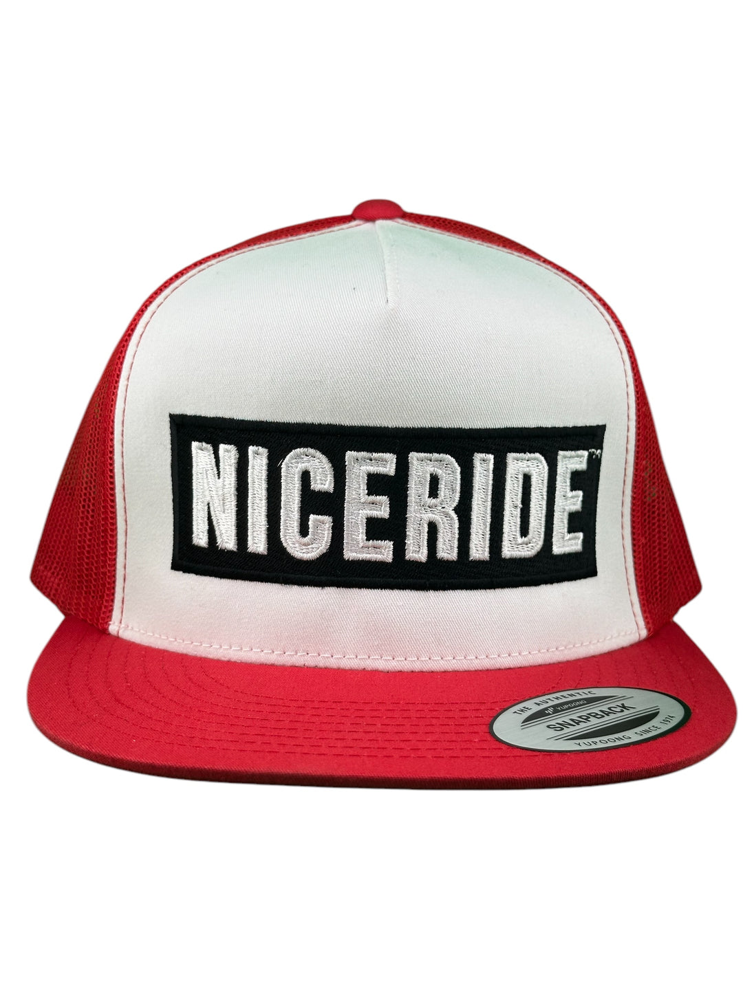 NICERIDE Influencer unisex adjustable trucker hat in red and white with embroidered logo on front.