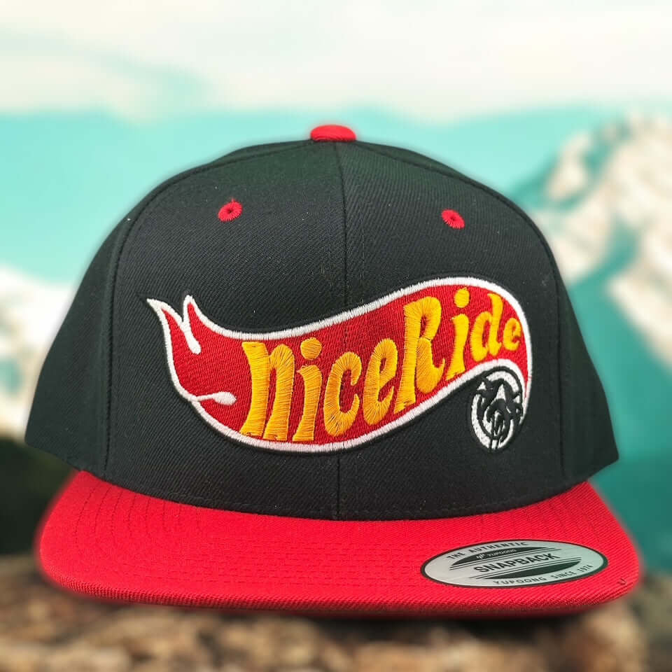 NICERIDE Matchbox 6089 classic snapback hat with embroidered logo, black and red color combination.