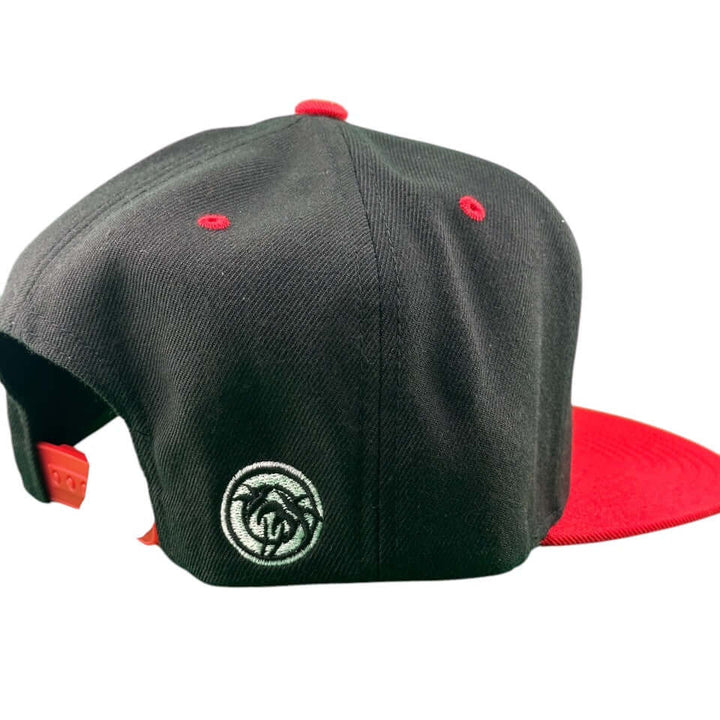 Back view of NICERIDE Matchbox 6089 snapback hat featuring red and black color scheme and embroidered logo.
