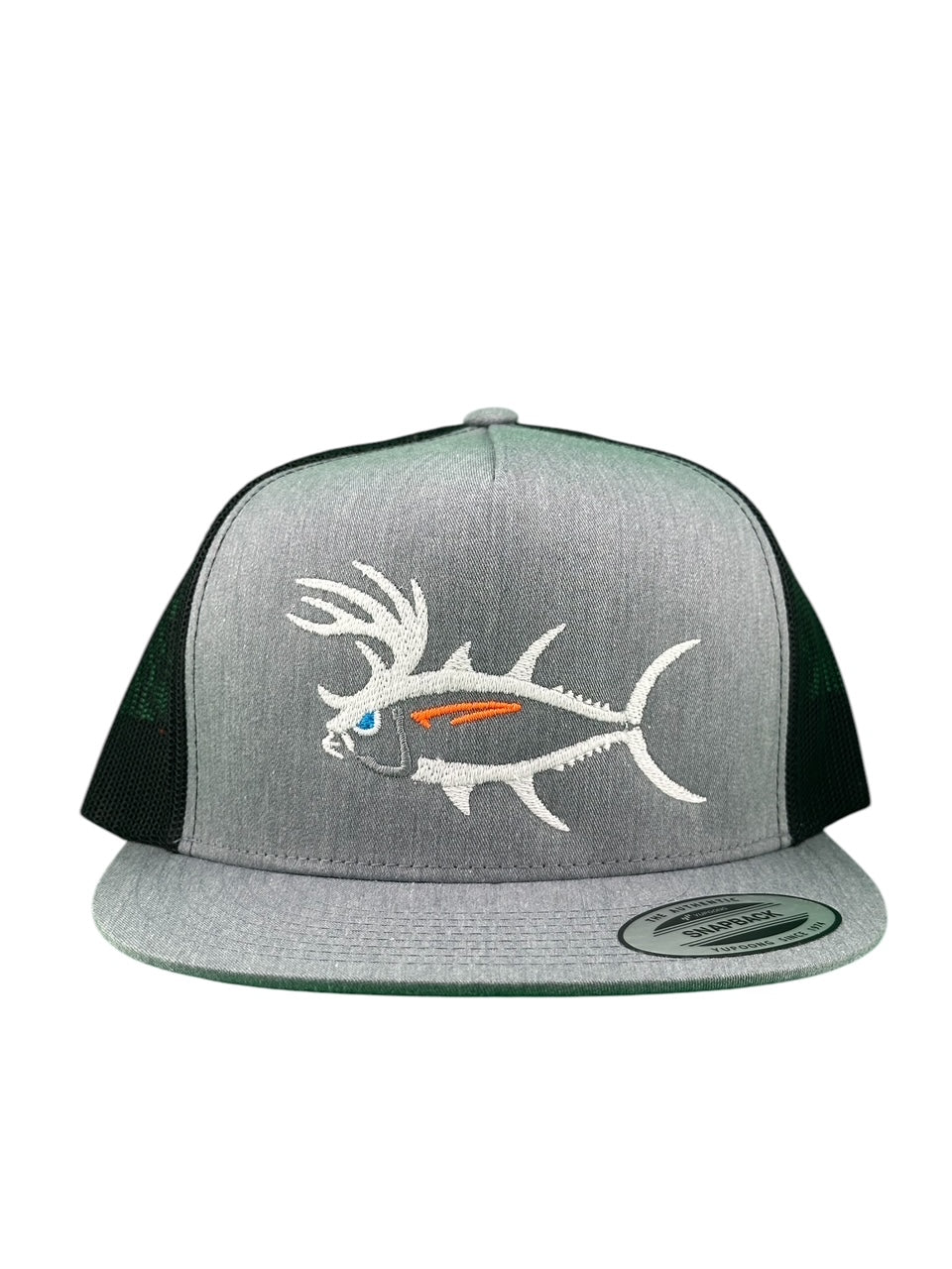 "Buck-Eye" Unisex Trucker Hat featuring embroidered fish design perfect for fishing and outdoor activities.
