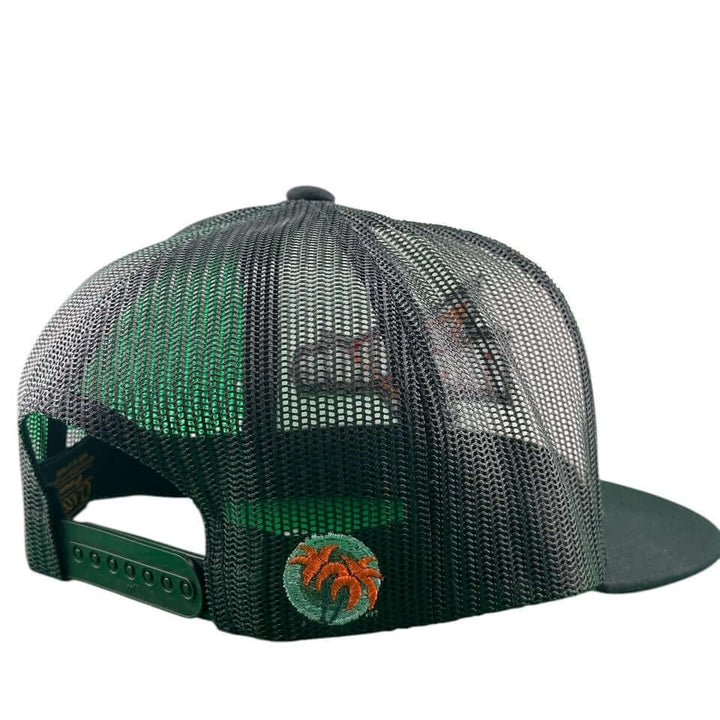 Back view of the NICERIDE Crack 6006 Unisex Trucker Hat showcasing its mesh design and vibrant palm logo.