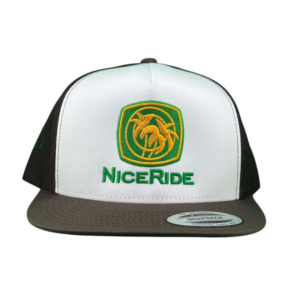 NICERIDE Moe-Doe 6006 unisex trucker hat with green and yellow logo on a white front panel and brown brim.