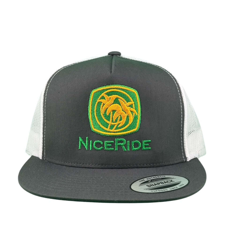 NICERIDE MoeDoe 6006 Trucker Hat in gray with green logo, unisex snapback baseball cap.