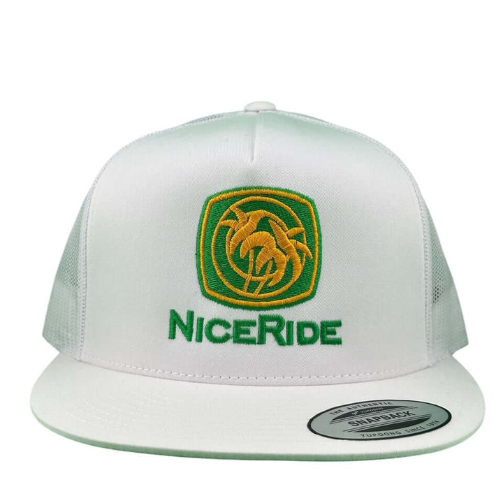 MoeDoe 6006 Trucker Hat featuring embroidered NiceRide logo on a white snapback design.