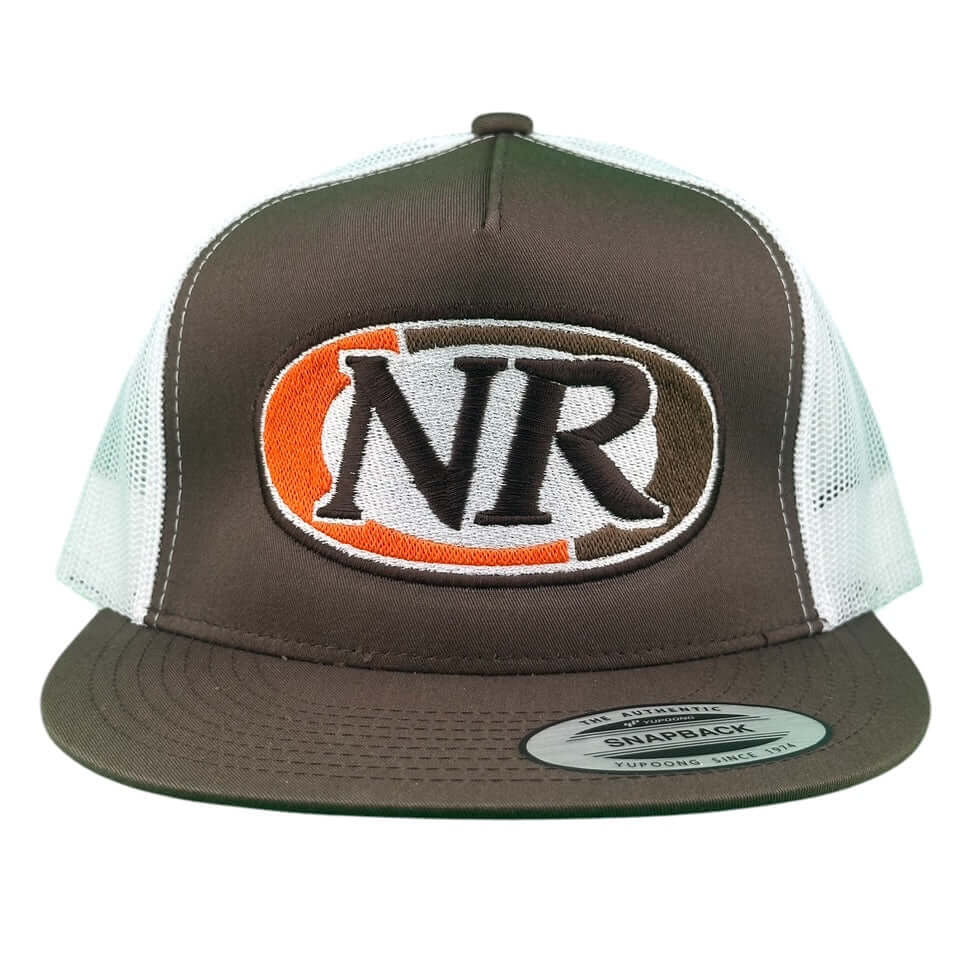 NICERIDE Float 6006 Trucker Hat with NR logo, brown and white snapback cap, stylish and durable headwear.