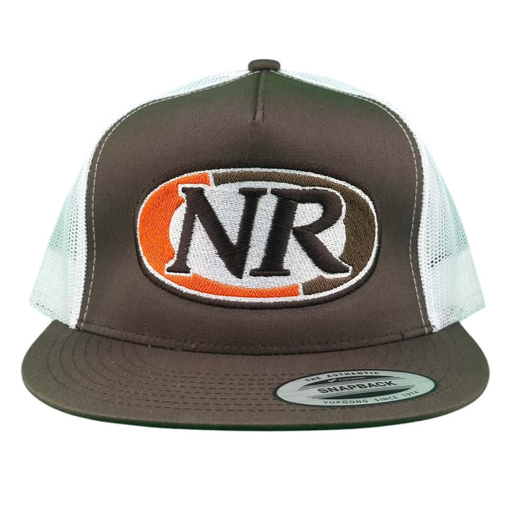 NICERIDE Float 6006 Trucker Hat with NR logo, brown and white snapback cap, stylish and durable headwear.