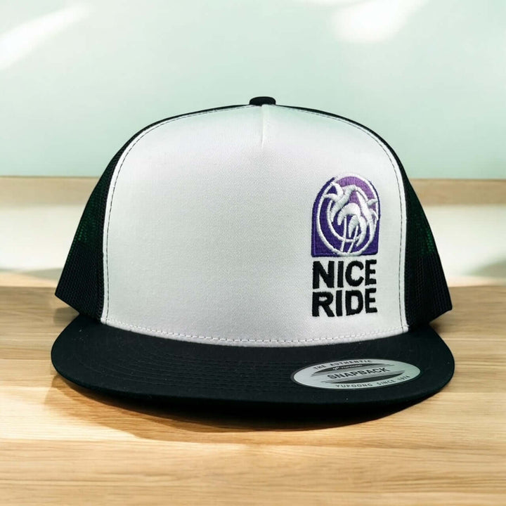 NICERIDE Chalupa 6006 Trucker Hat with bold logo on white front and black mesh back, perfect for style and comfort.