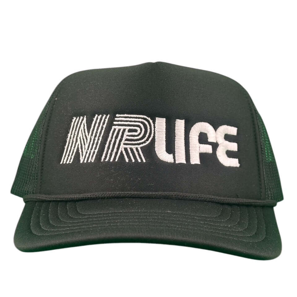 NRLIFE Foam Trucker Hat in black featuring bold white embroidered logo for stylish golf and lifestyle wear
