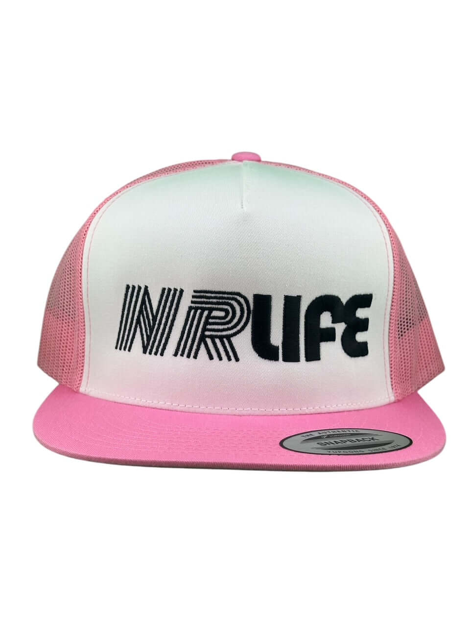 NRLife unisex trucker hat in white and pink with a stylish embroidered logo design.
