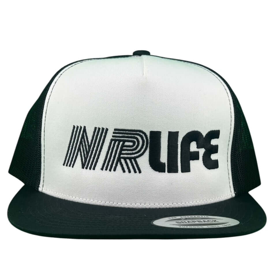 NR LIFE embroidered unisex trucker hat with a classic snapback design in black and white.