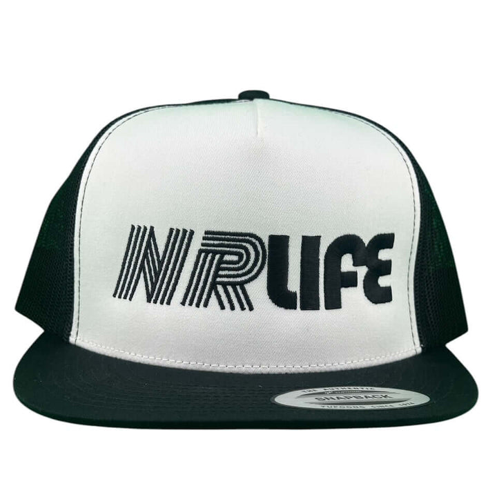 NR LIFE embroidered unisex trucker hat with a classic snapback design in black and white.
