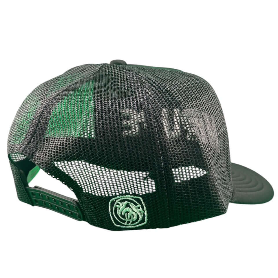 Back view of the NICERIDE PGA 6006 unisex trucker hat, showcasing mesh design and snapback closure.