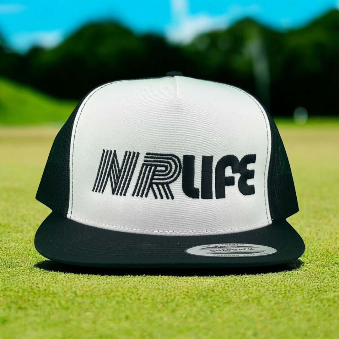 NICERIDE unisex trucker hat with NR Life logo, featuring a stylish black and white design.