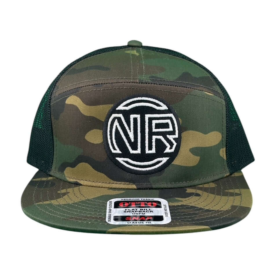 Inner Circle Unisex 7 Panel Trucker Hat, camo design featuring NR logo, stylish and comfortable hat for all occasions.