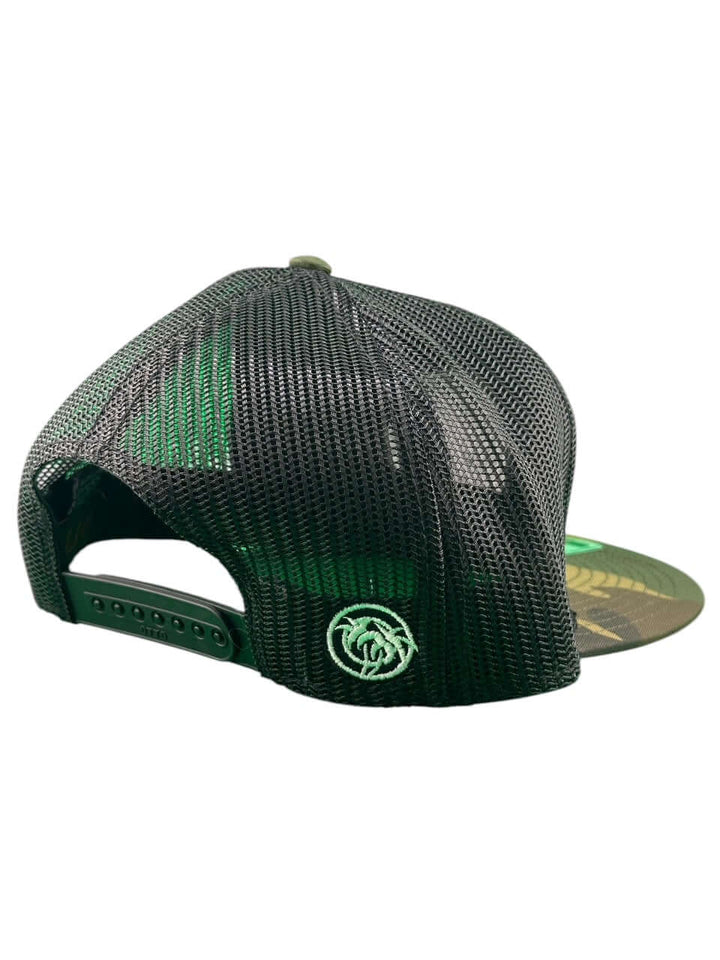Back view of the "Inner Circle" unisex 7 panel trucker hat showcasing the embroidered logo and snapback design.