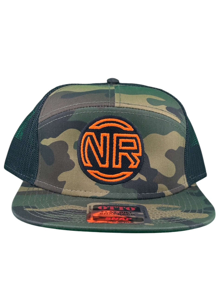 Inner Circle unisex 7 panel trucker hat featuring NR logo in orange on a camouflage background, stylish and comfortable.