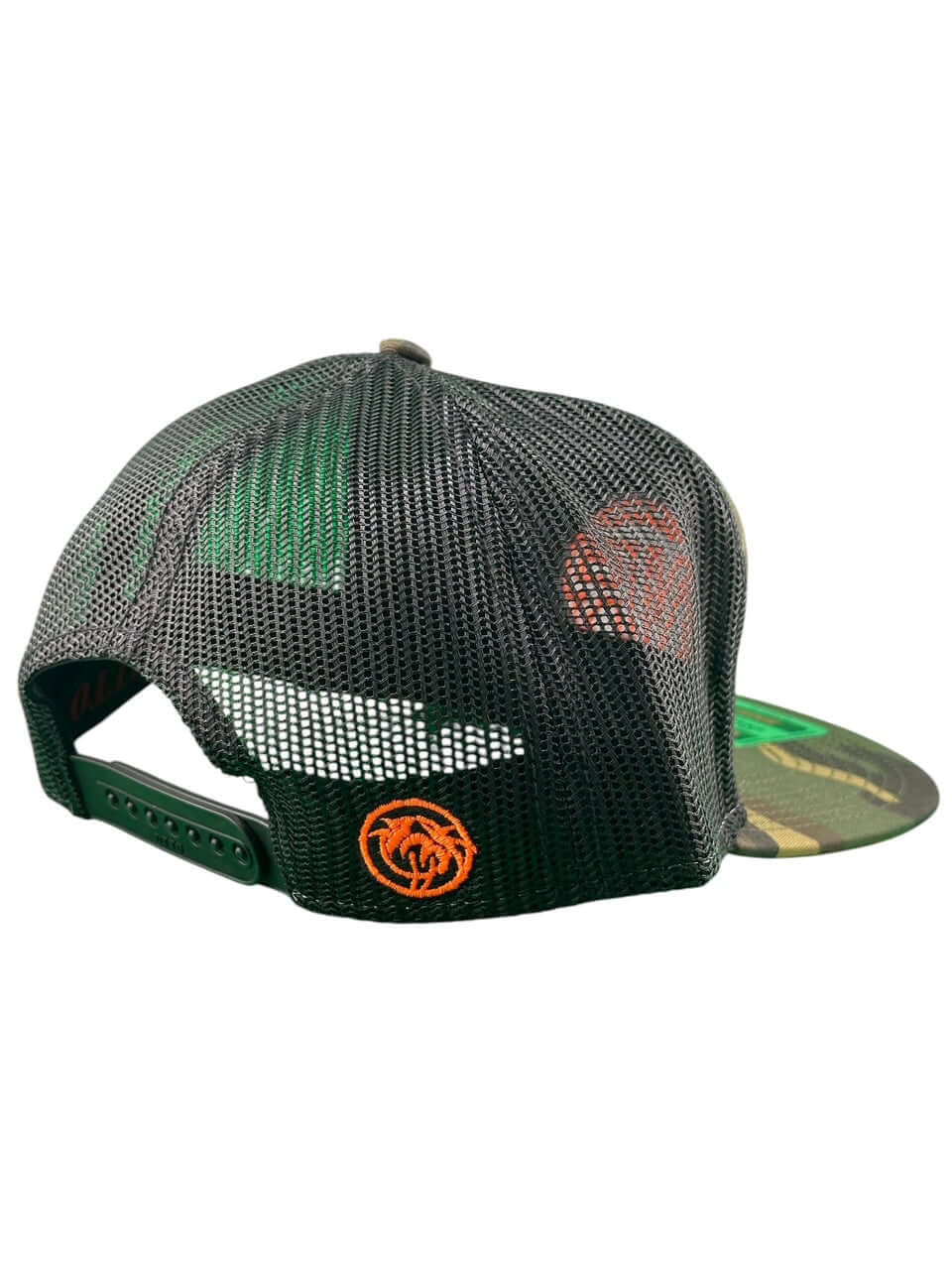 Back view of the "Inner Circle" Unisex 7 Panel Trucker Hat featuring the Palm logo and a mesh design.