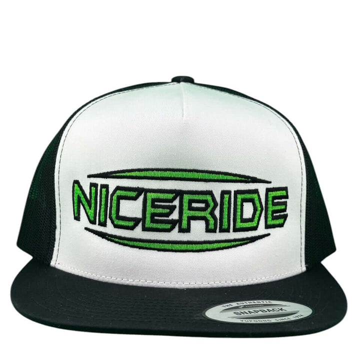 NICERIDE Saturn 6006 unisex trucker hat in black and white with green logo, stylish snapback baseball cap.