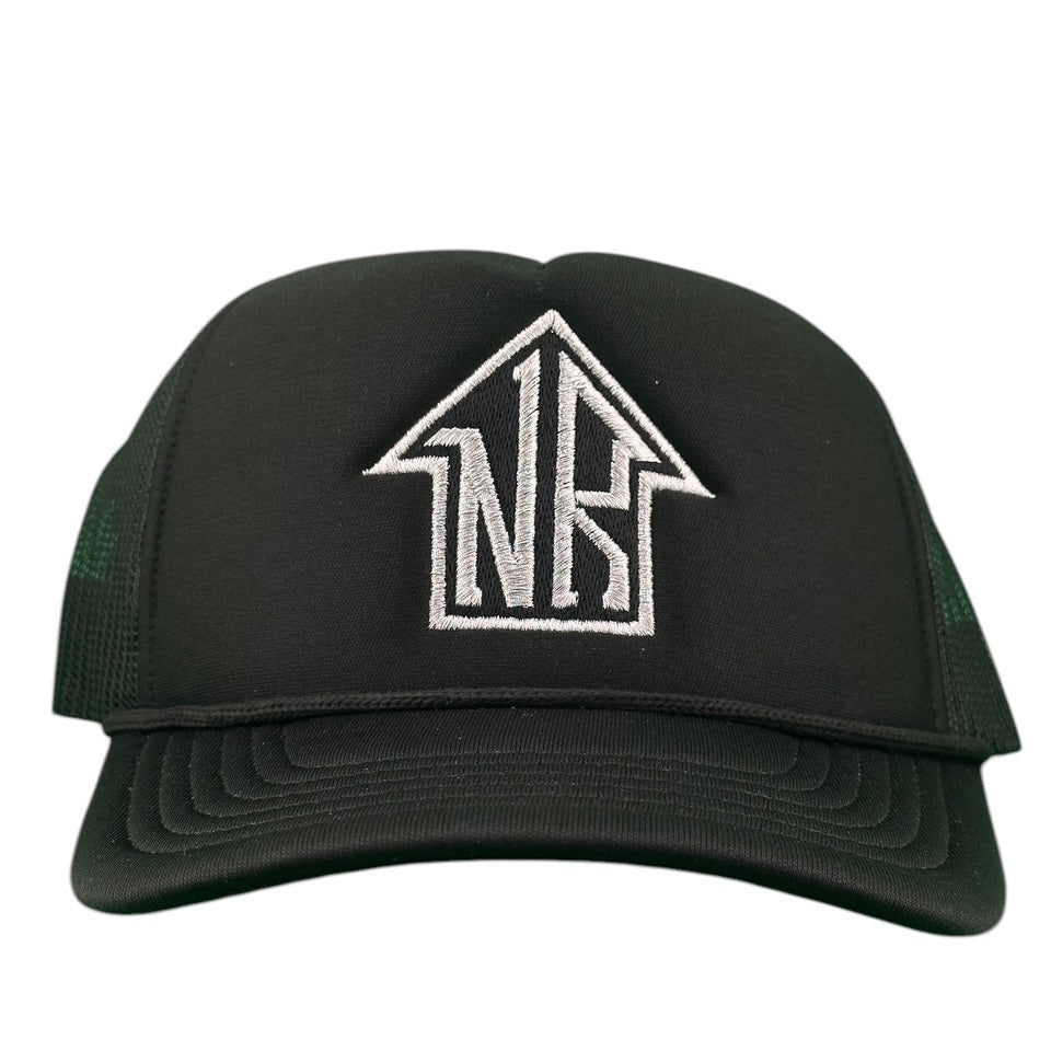 Black foam trucker hat with white 'NBS' logo and mesh sides for style and comfort.