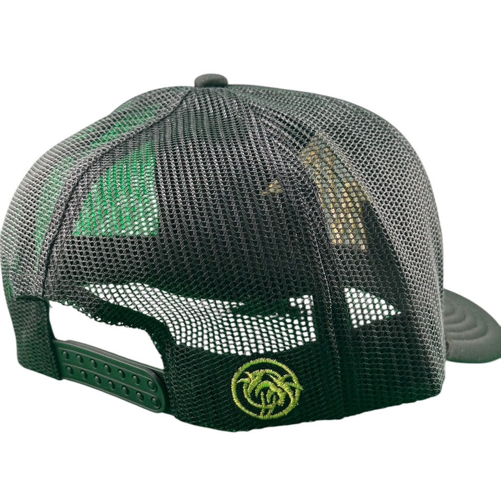 Black mesh back of NICERIDE foam trucker hat with green logo and adjustable snapback design.