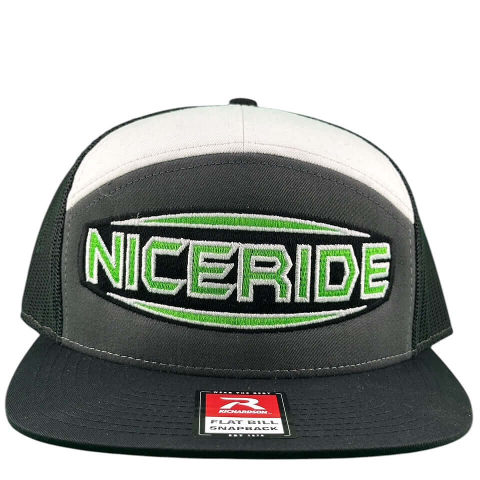 NICERIDE embroidered unisex 7 panel trucker hat in black and gray with flat bill and snapback style.