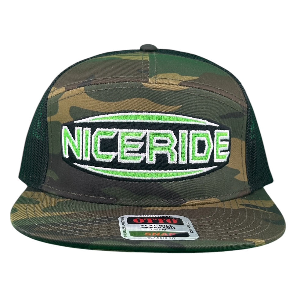 NICERIDE camo trucker hat with embroidered logo, adjustable unisex design, perfect for outdoor activities.