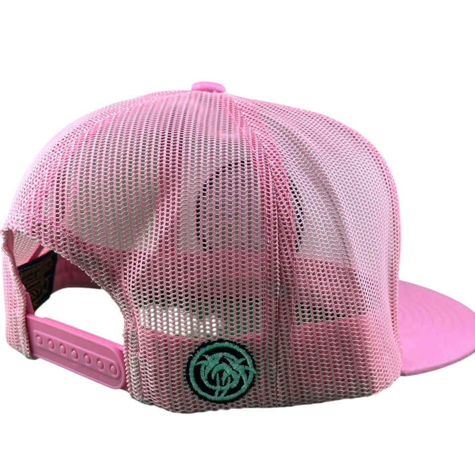 Back view of NICERIDE “Inner Circle” pink unisex trucker hat with mesh design and logo.