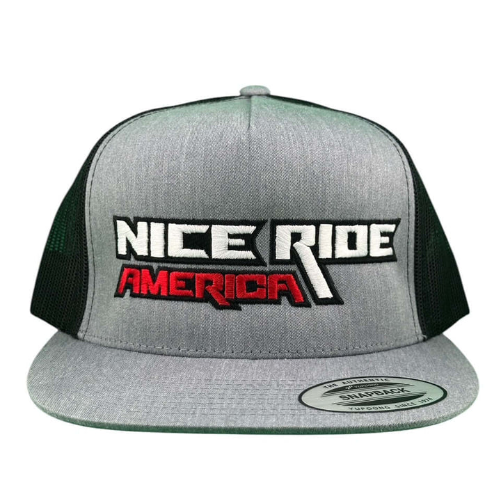 NICERIDE gray trucker hat with America logo, unisex snapback cap, stylish and comfortable headwear.