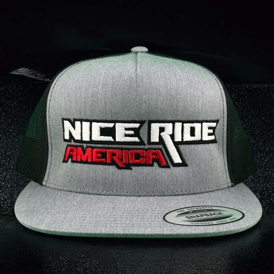 NICERIDE Chopped gray trucker hat with embroidered logo, unisex snapback baseball cap, stylish and durable.