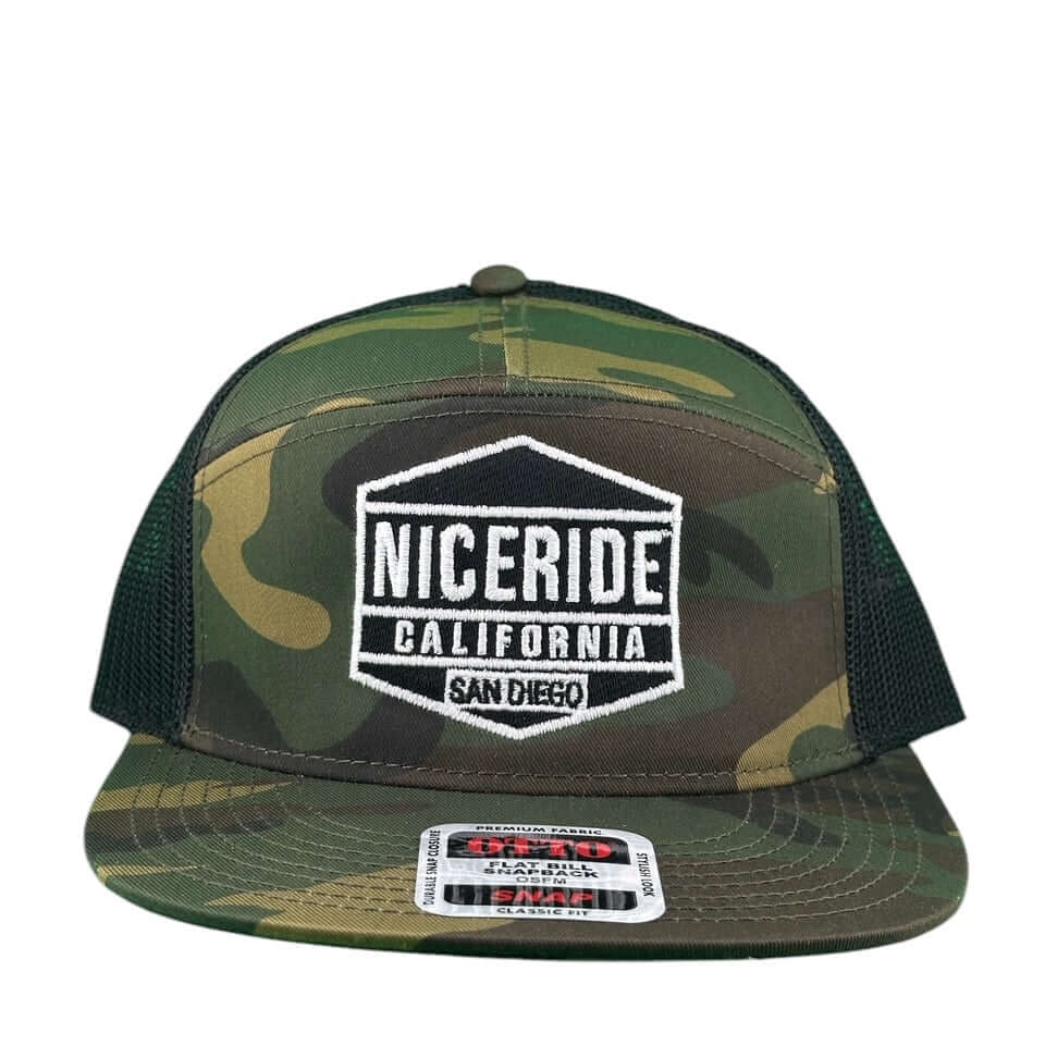 NICERIDE California camo snapback trucker hat with embroidered logo, perfect for stylish casual wear.