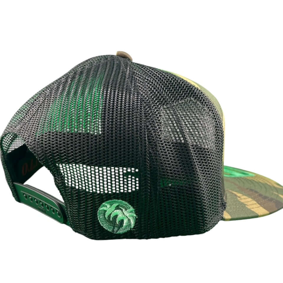 Back view of the NICERIDE Good Times 7-Panel Trucker Hat with mesh design and palm logo.