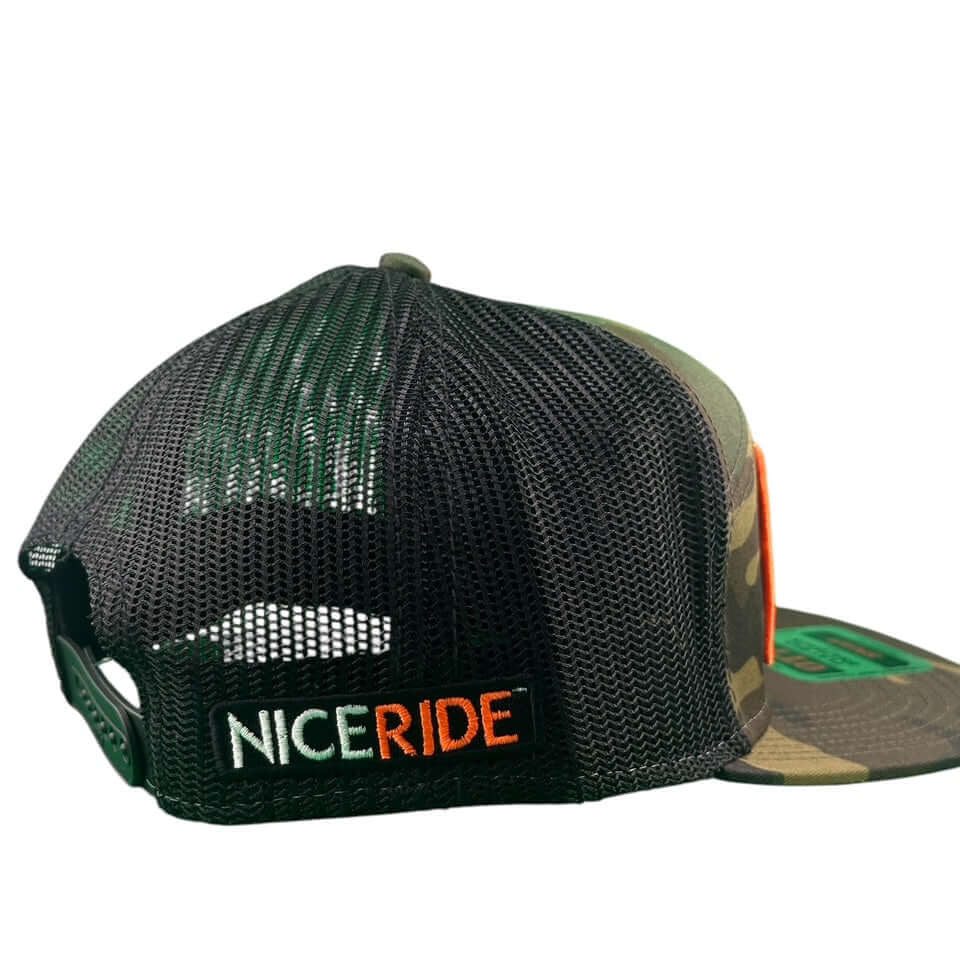 Back view of the NICERIDE Palm Patch seven-panel trucker hat showcasing its mesh design and adjustable snap.