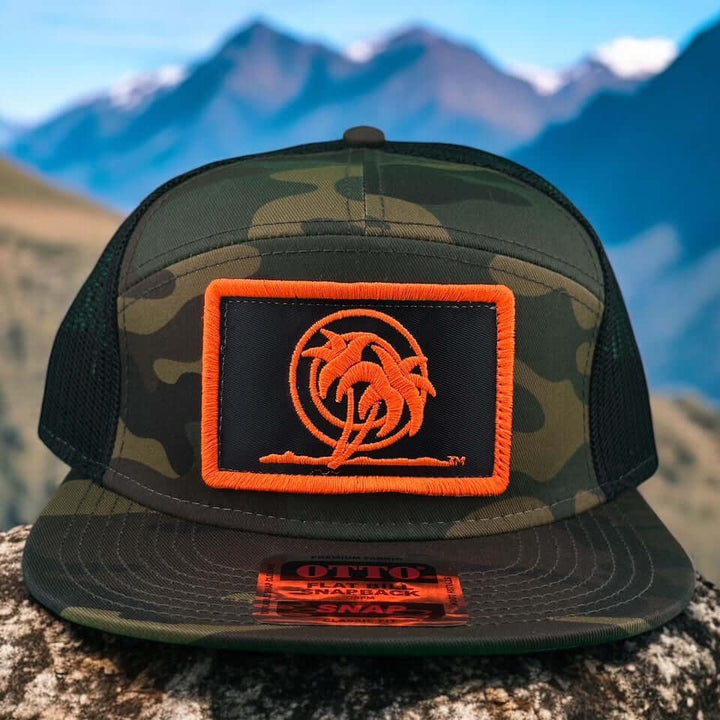 NICERIDE Palm Patch seven-panel snapback trucker hat with orange palm tree logo on camo background