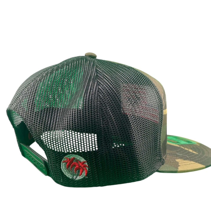Back view of NICERIDE Strong seven-panel unisex trucker hat showcasing mesh design and embroidered logo.