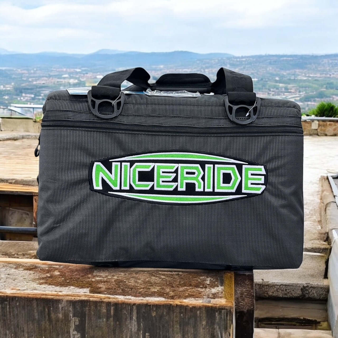 NICERIDE Saturn soft-sided cooler in black with embroidered logo, ideal for outdoor adventures and ice retention.