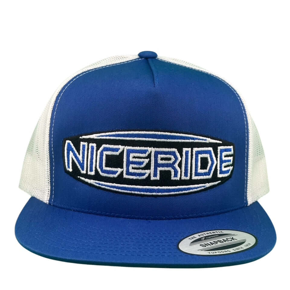 NICERIDE Saturn unisex trucker hat in blue with embroidered logo, classic snapback design for comfort and style.