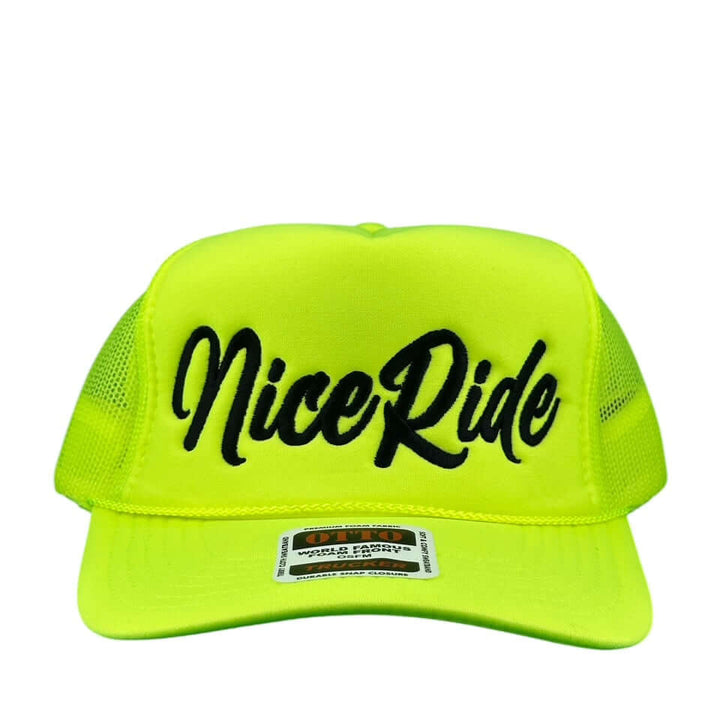Bright yellow "Signature" Foam Trucker Hat featuring NiceRide logo on front panel for stylish comfort.