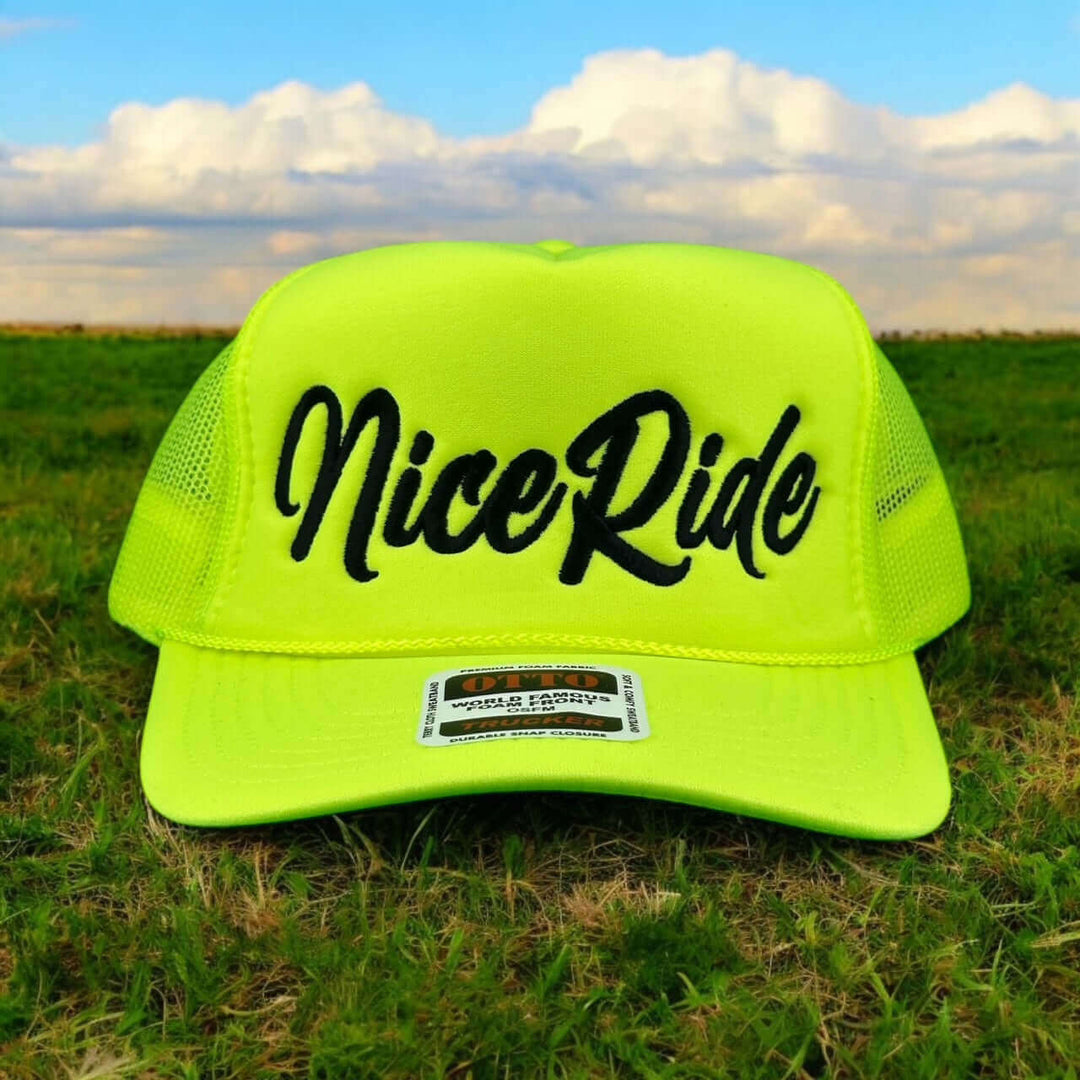 Bright yellow NiceRide foam trucker hat with embroidered logo, perfect for casual wear and outdoor activities.